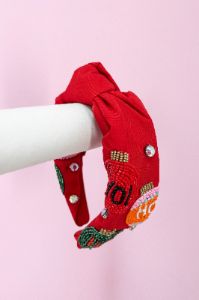 "HO HO HO" Ornament Embellished Knot Headband sold by Bella Rose boutique