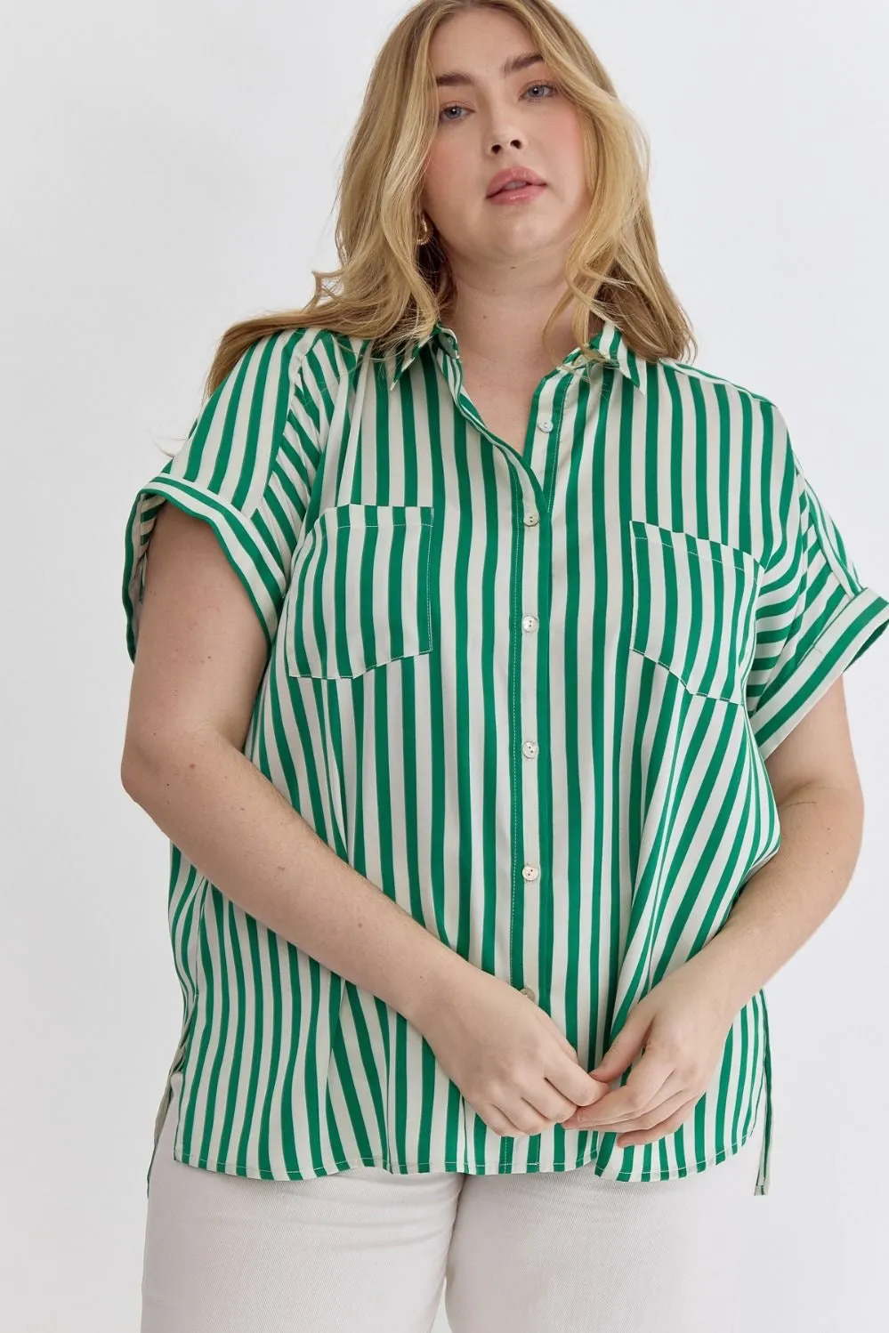 CURVY: Down To Business Striped Blouse sold by Bella Rose boutique