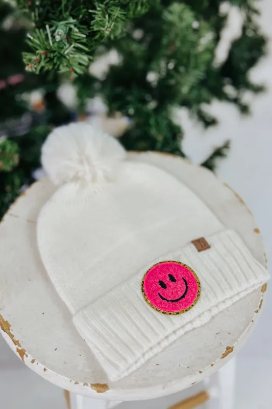 Smiley Face Patch Beanie sold by Bella Rose boutique