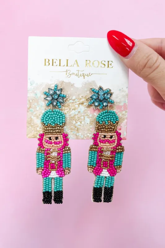 Sea Green Nutcracker Seed Bead Drop Earrings sold by Bella Rose boutique