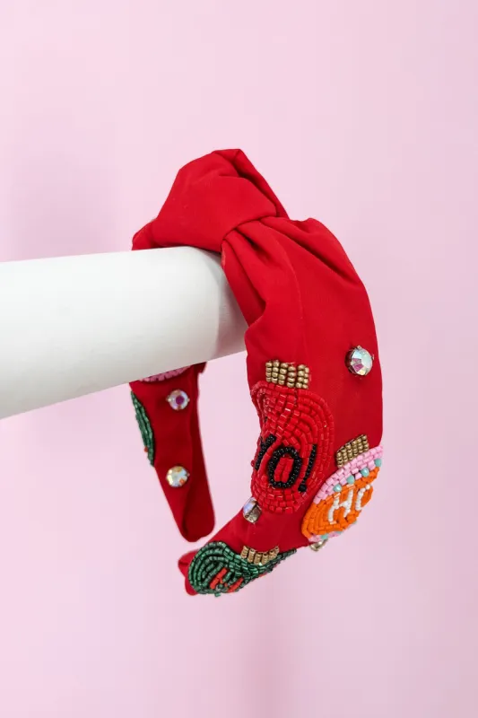 "HO HO HO" Ornament Embellished Knot Headband sold by Bella Rose boutique