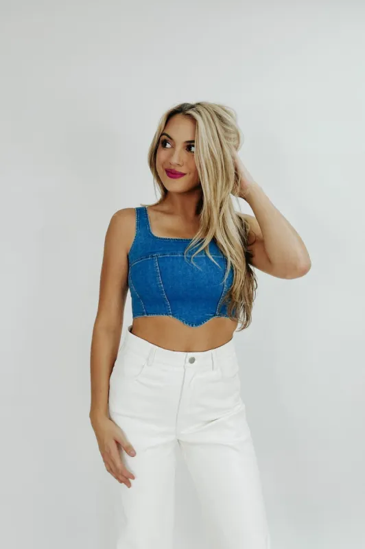 Obviously Effortless Denim Corset Crop Top sold by Bella Rose boutique