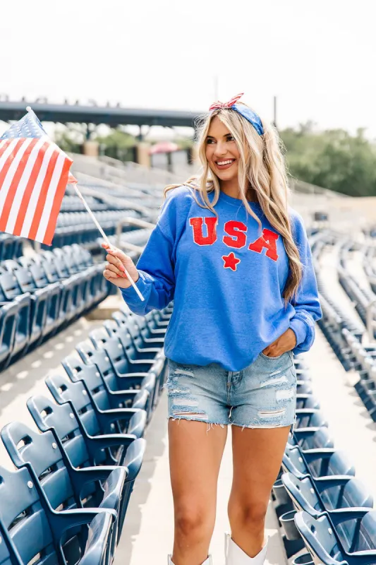 Big USA Chenille Patch Sweatshirt sold by Bella Rose boutique