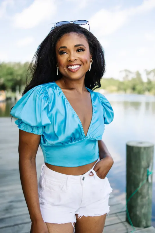 Blue Sky Satin Crop Top sold by Bella Rose boutique