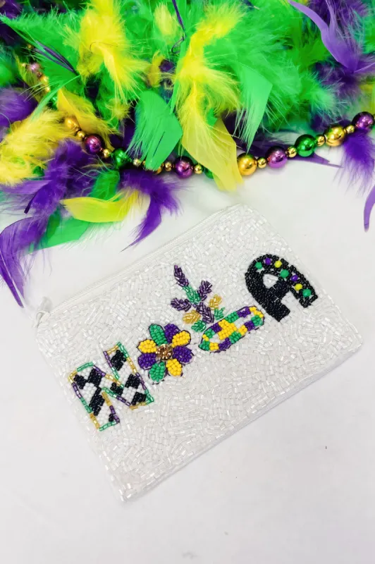 Mardi Gras "NOLA" Seed Bead Coin Bag sold by Bella Rose boutique