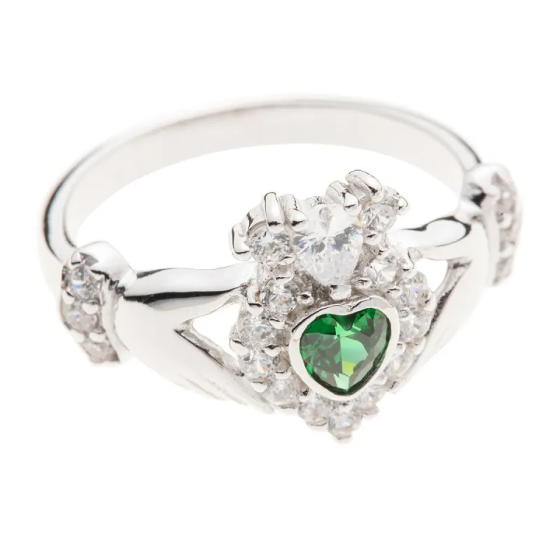 Galway Crystal Jewellery Green Crystal Sparkle Claddagh Sterling Silver Ring sold by Belleek