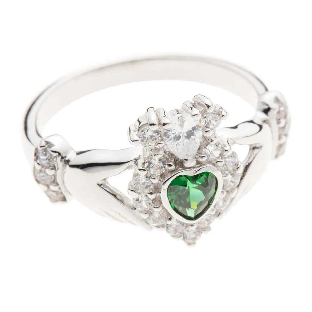 Galway Crystal Jewellery Green Crystal Sparkle Claddagh Sterling Silver Ring sold by Belleek