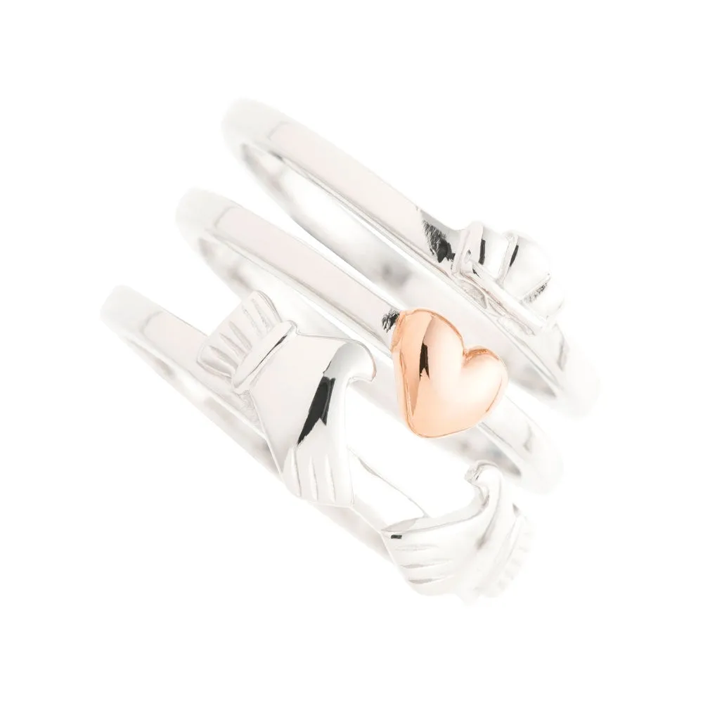 Galway Crystal Jewellery Three Part Claddagh Sterling Silver & Rose Gold Ring sold by Belleek