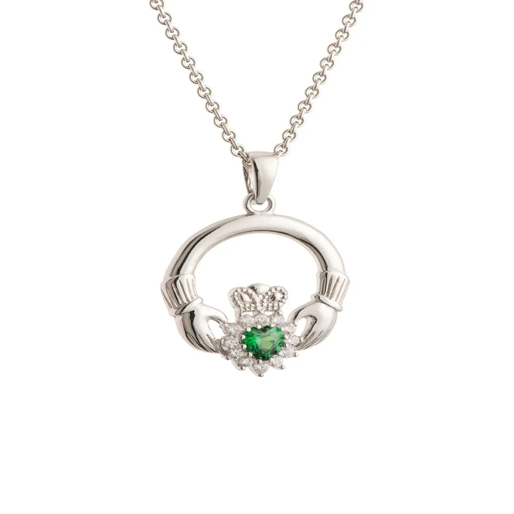 Galway Crystal Green Crystal Sparkle Claddagh Sterling Silver Pendant sold by Belleek