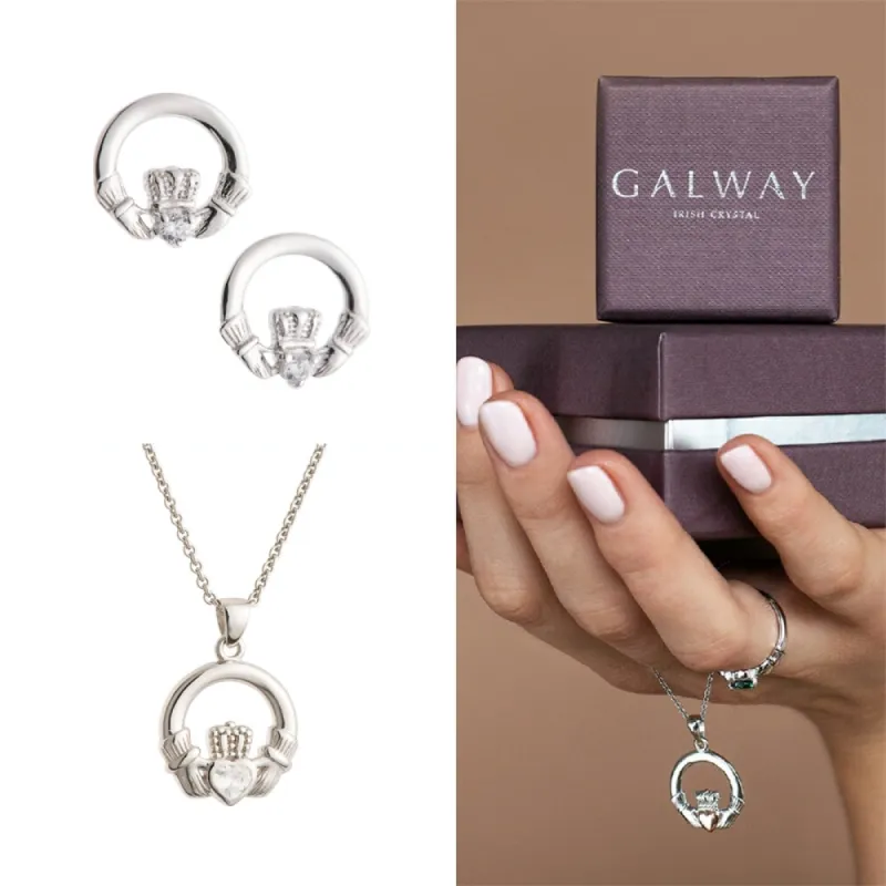 Galway Crystal Claddagh Crystal Sterling Silver Set sold by Belleek