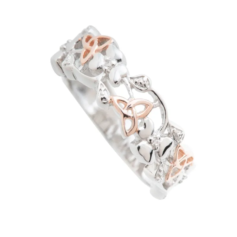 Galway Crystal Jewellery Trinity Knots & Shamrocks Rose Gold & Sterling Silver Ring sold by Belleek