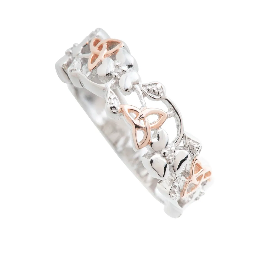Galway Crystal Jewellery Trinity Knots & Shamrocks Rose Gold & Sterling Silver Ring sold by Belleek