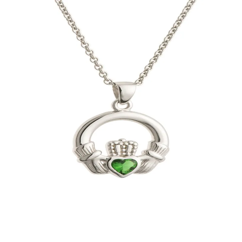 Galway Crystal Green Crystal Claddagh Sterling Silver Pendant sold by Belleek