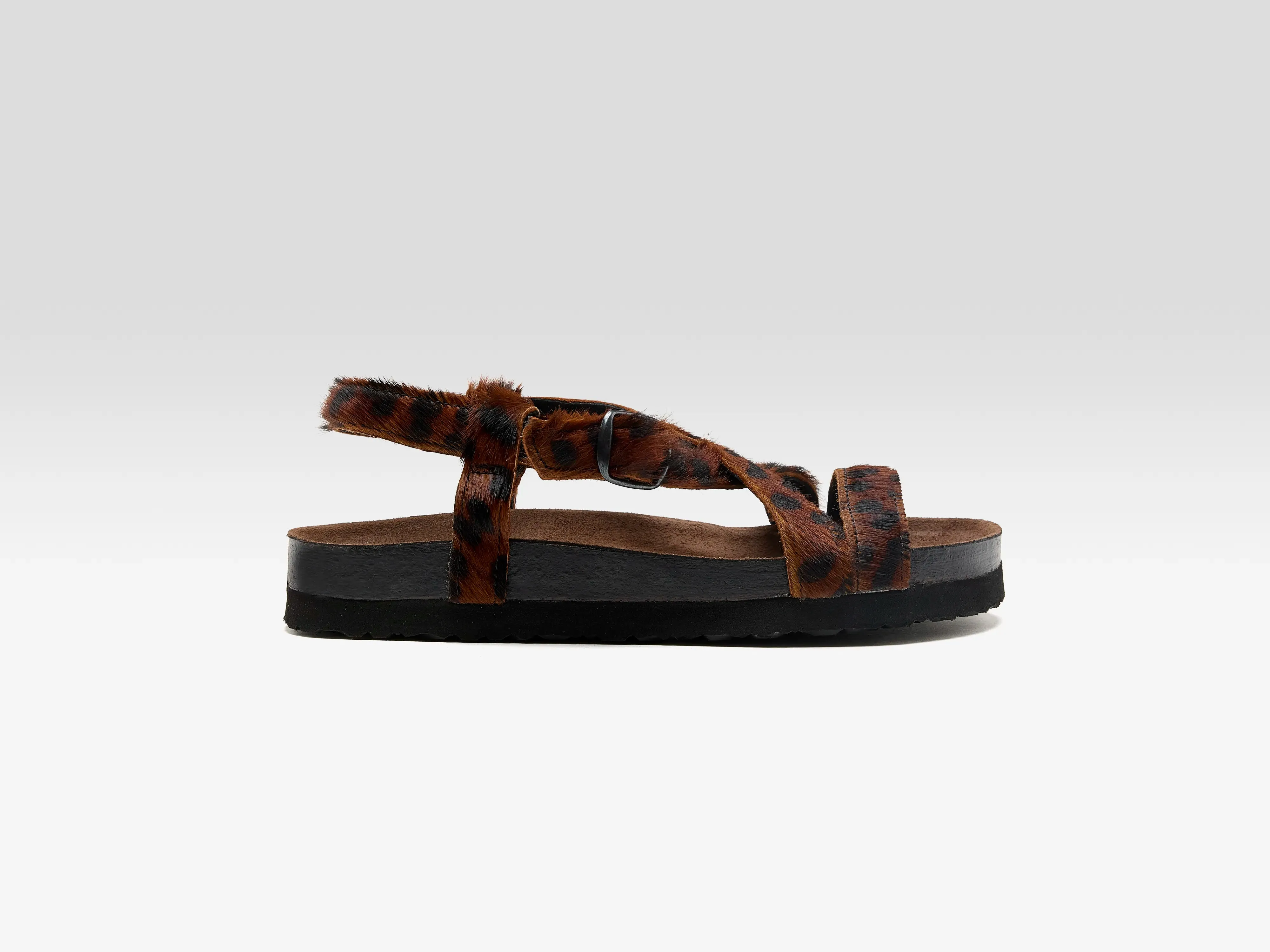 Cheetah Ponyhair Cross Strap Sandals (261 / W / BROWN) sold by Bellerose