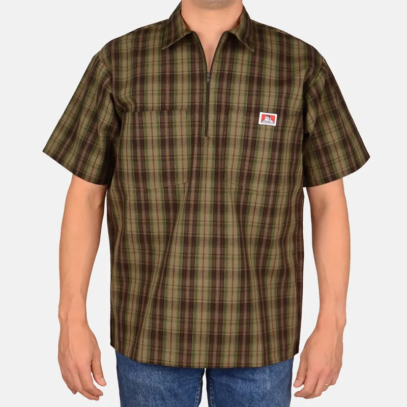 Short Sleeve Plaid 1/2 Zip Shirt - Olive sold by Ben Davis