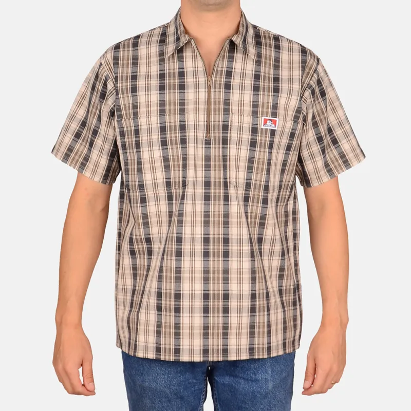 Short Sleeve Plaid 1/2 Zip Shirt - Khaki/Grey sold by Ben Davis