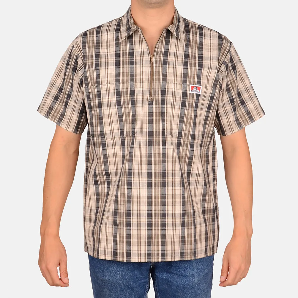 Short Sleeve Plaid 1/2 Zip Shirt - Khaki/Grey sold by Ben Davis