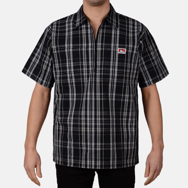 Short Sleeve Plaid 1/2 Zip Shirt - Black/White sold by Ben Davis