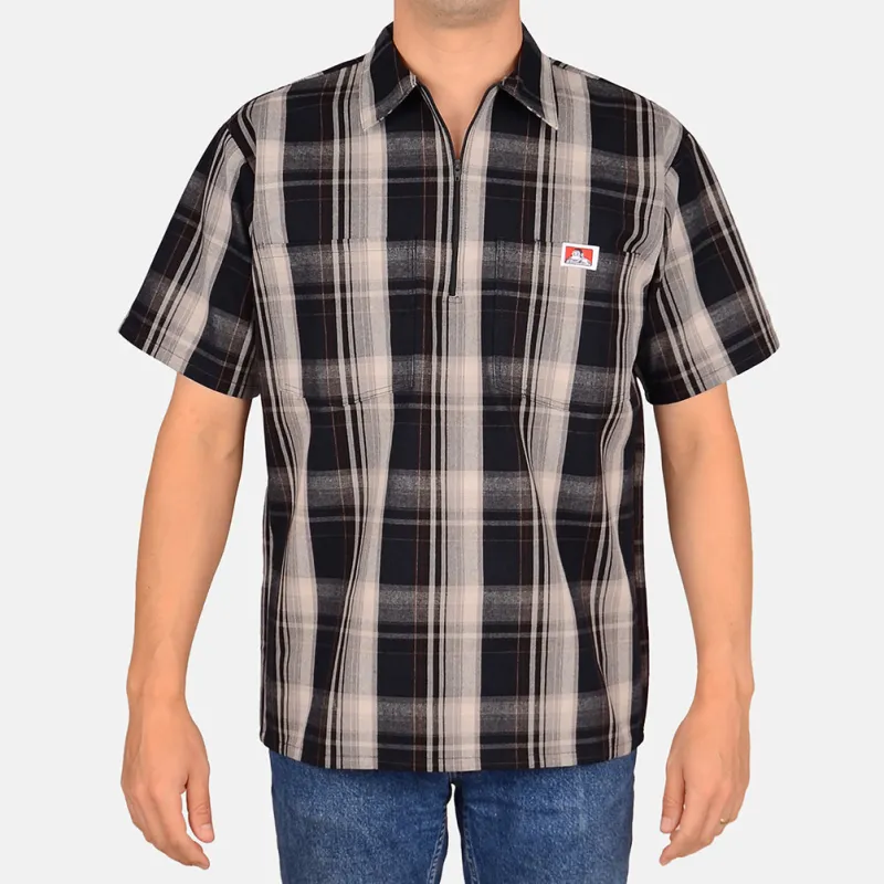 Short Sleeve Plaid 1/2 Zip Shirt - Navy/Grey sold by Ben Davis