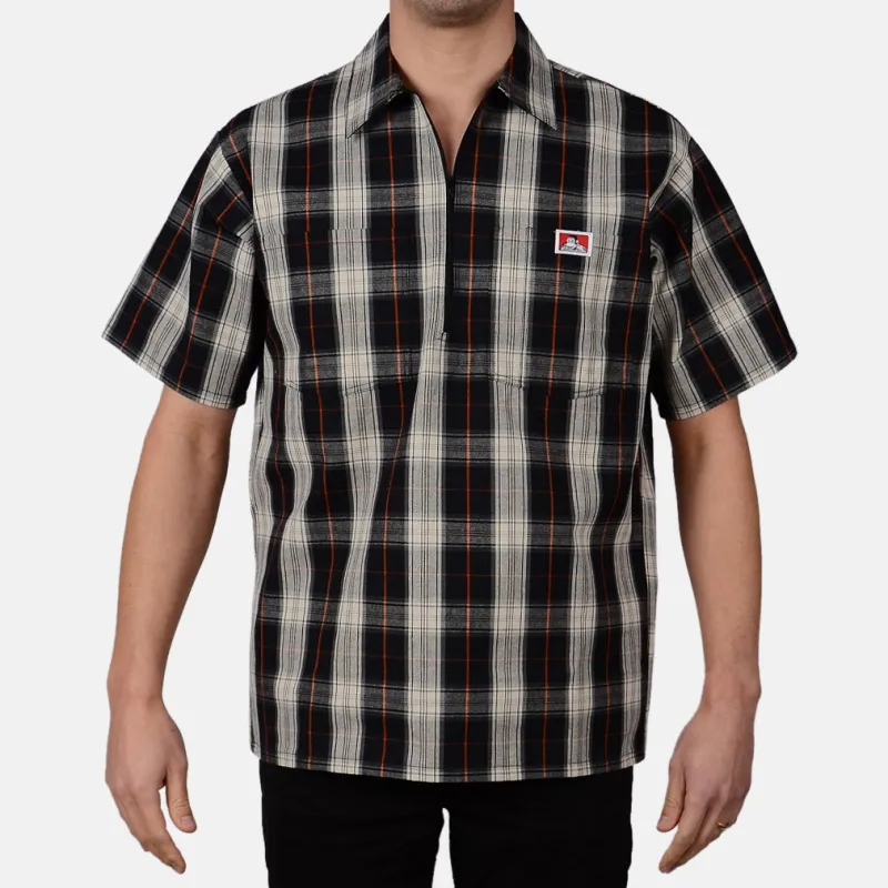 Short Sleeve Plaid 1/2 Zip Shirt - Black/Cream sold by Ben Davis