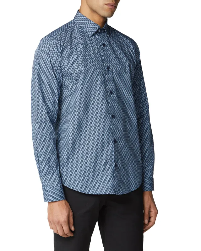 Long-Sleeve Fine Geo Print Shirt - Dark Navy sold by Ben Sherman