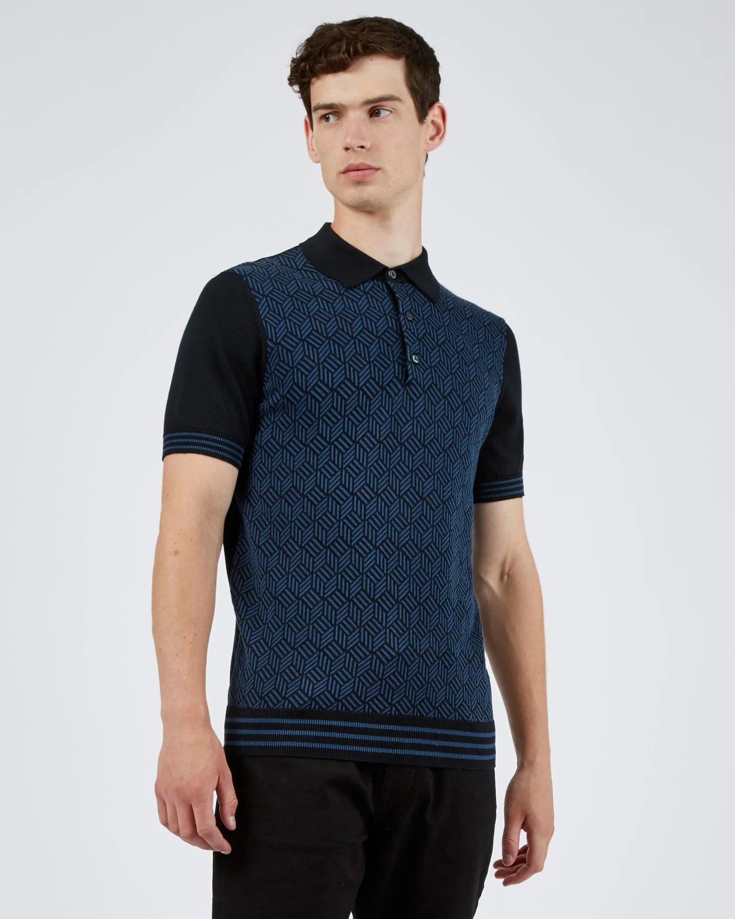 Short-Sleeve Jacquard Striped Polo - Black sold by Ben Sherman