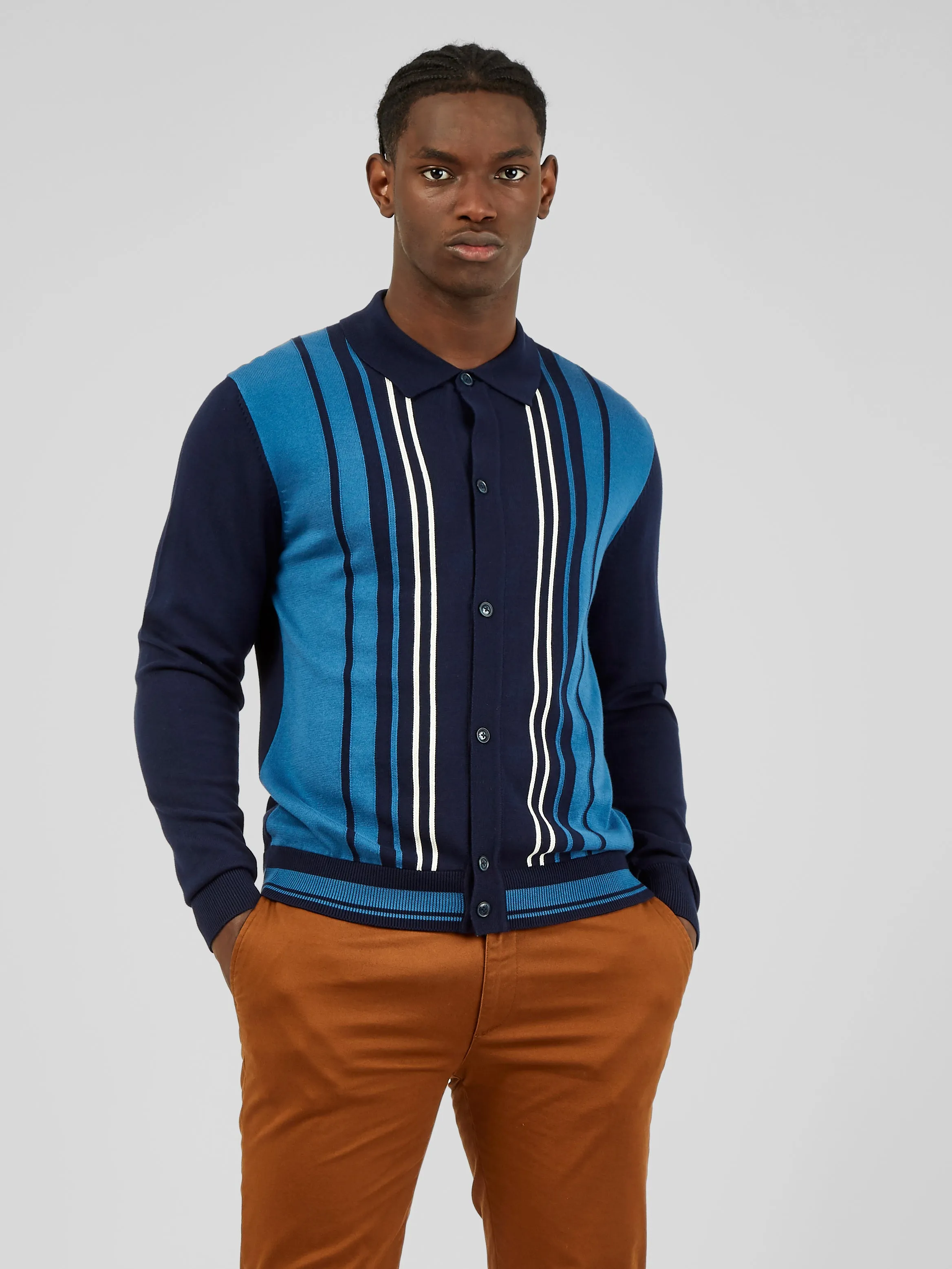 Iconic Vertical-Stripe Button-Through Mod Polo - Marine sold by Ben Sherman