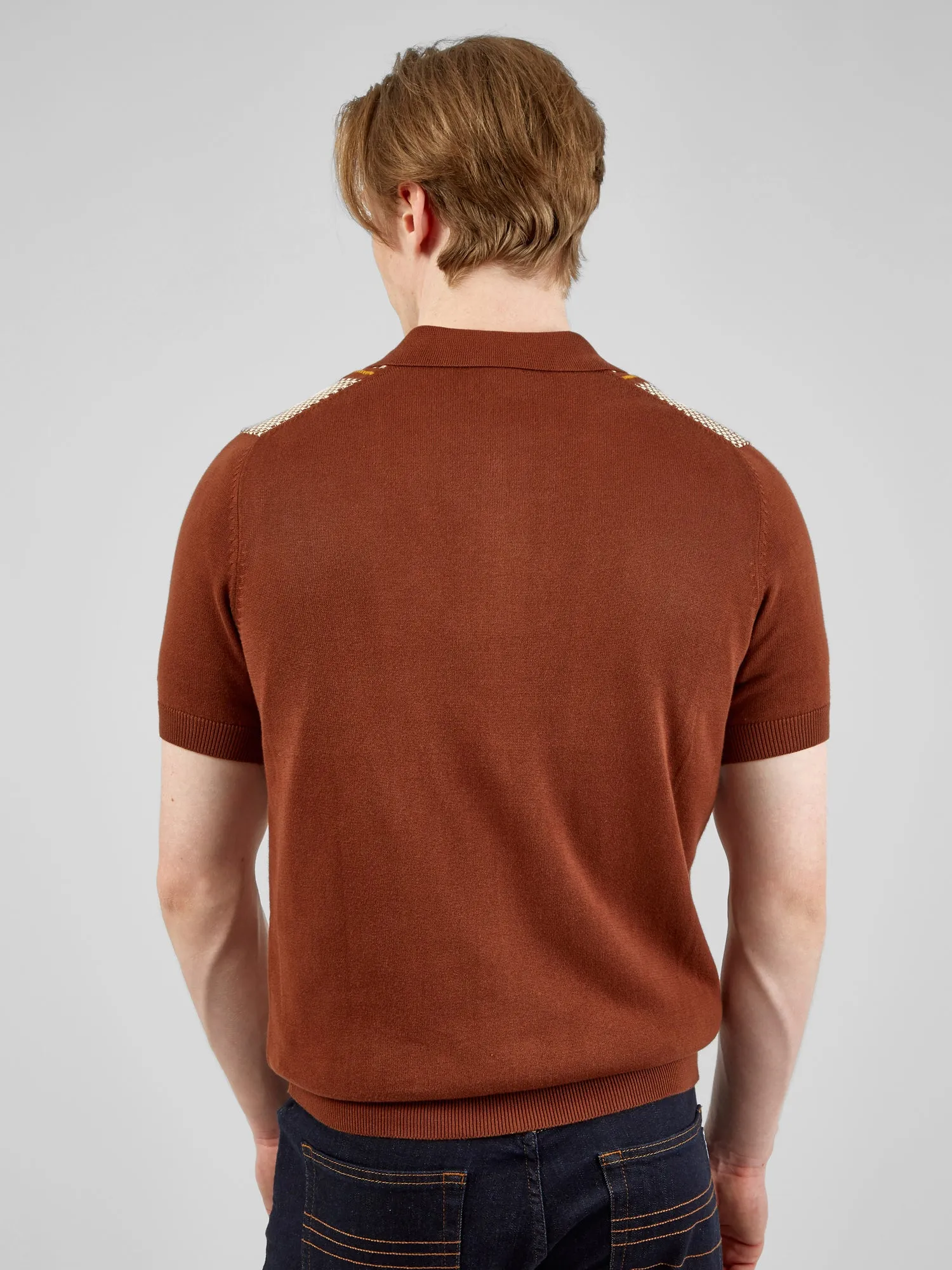 Short-Sleeve Jacquard Zip-Through Knit Polo - Coffee sold by Ben Sherman product image thumbnail 2