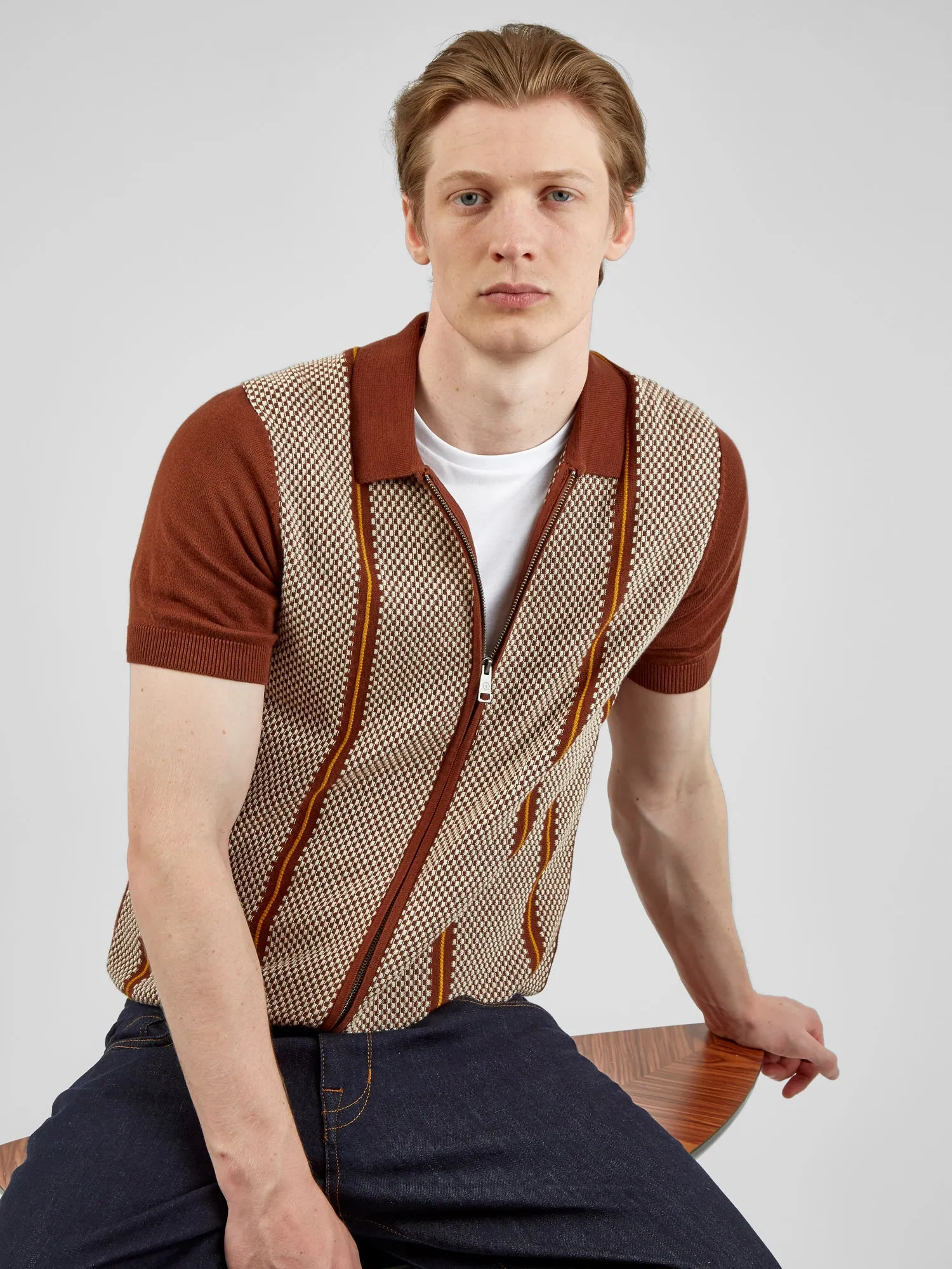 Short-Sleeve Jacquard Zip-Through Knit Polo - Coffee sold by Ben Sherman product image thumbnail 5