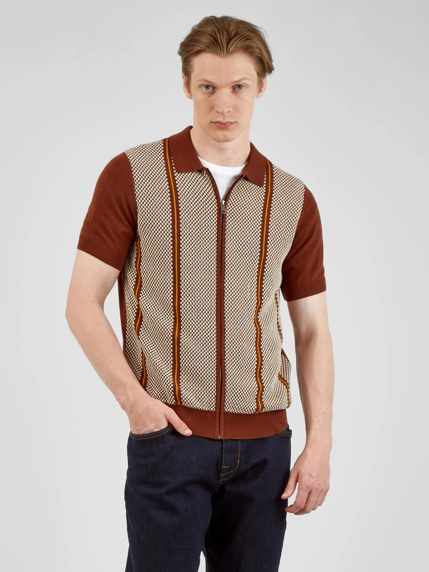 Short-Sleeve Jacquard Zip-Through Knit Polo - Coffee sold by Ben Sherman