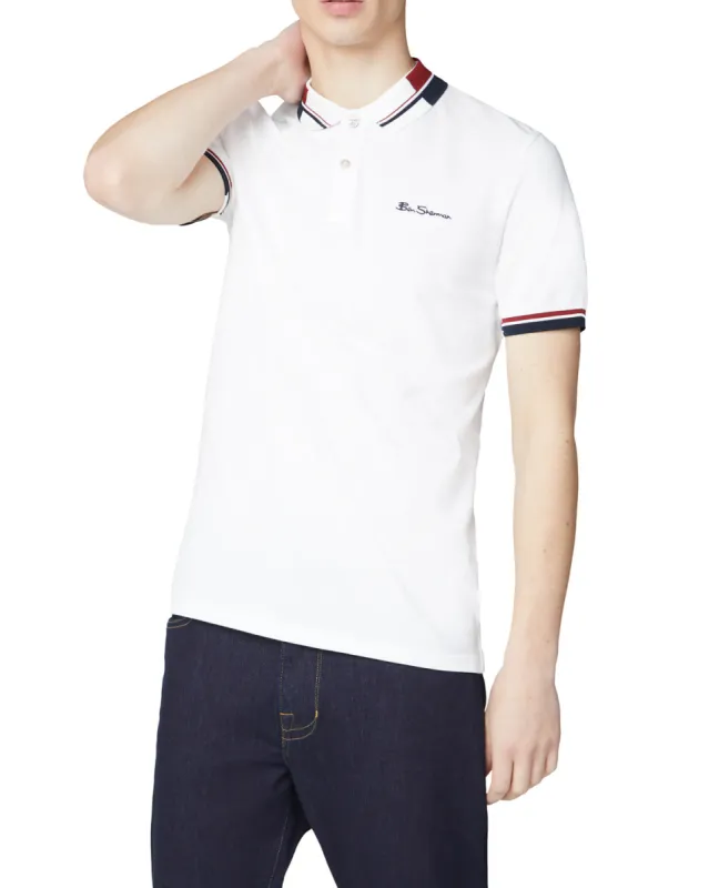 Stripe Collar Pique Polo - White sold by Ben Sherman