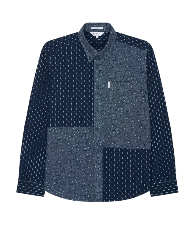Long-Sleeve Archive Indigo Geo Patchwork Shirt - Marine sold by Ben Sherman