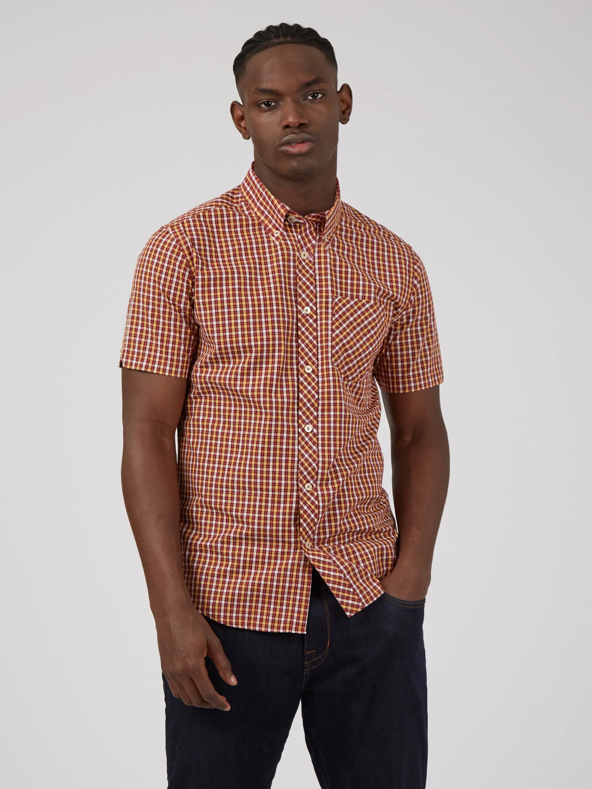 Signature House Check Short-Sleeve Shirt - Claret sold by Ben Sherman