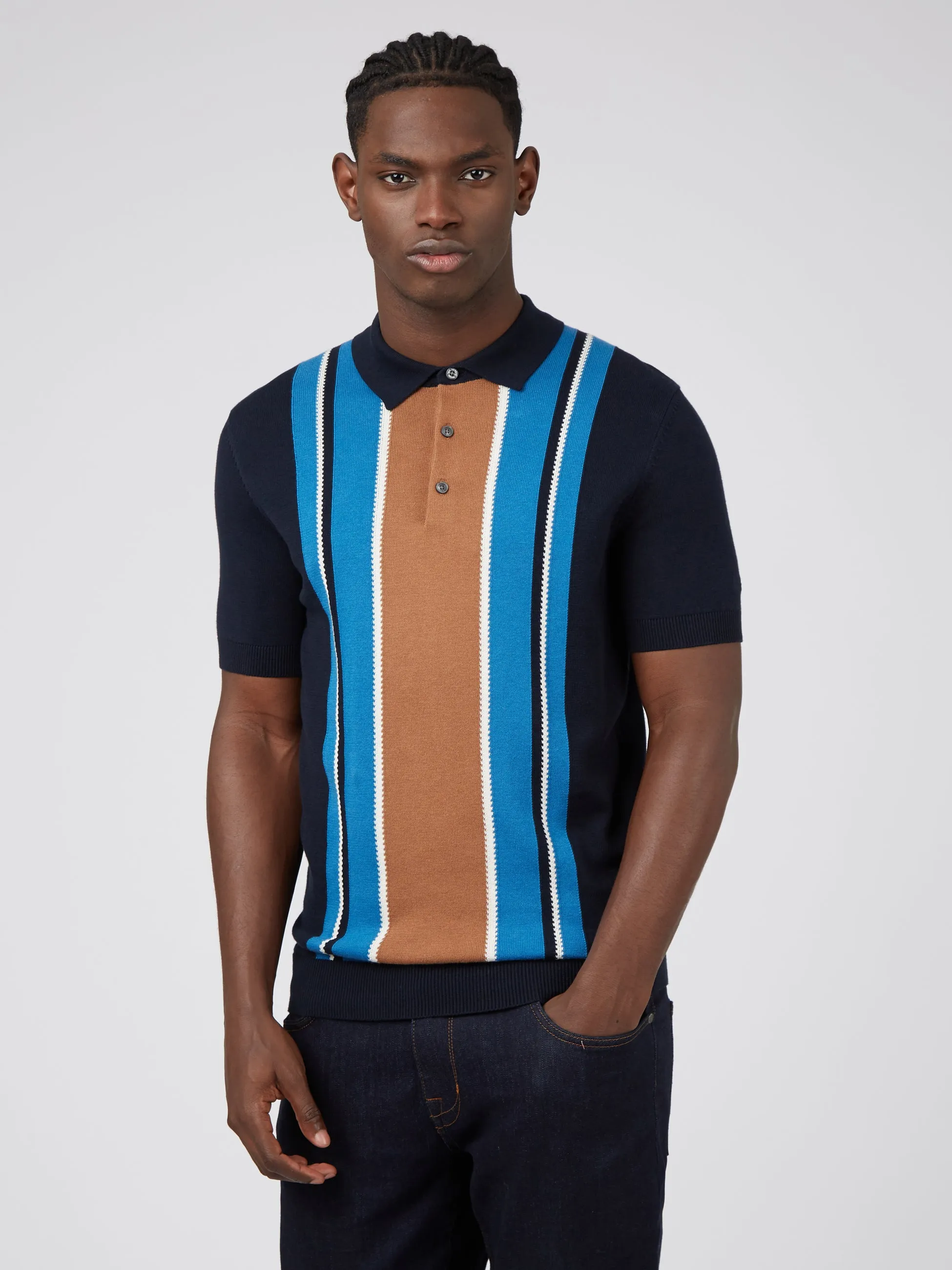 Iconic Vertical Stripe Mod Knit Polo - Dark Navy sold by Ben Sherman