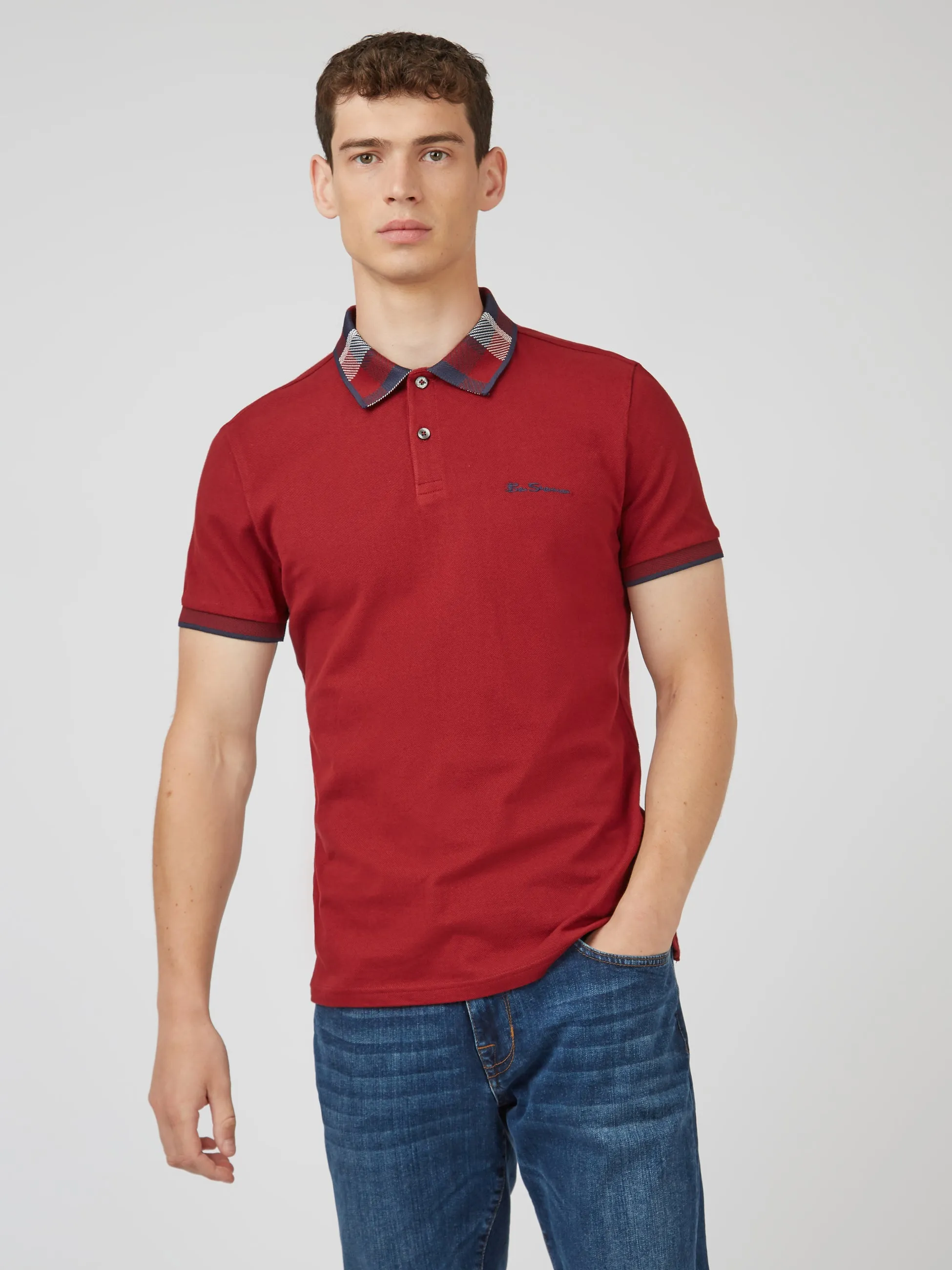 Jacquard Check Collar Polo - Red sold by Ben Sherman