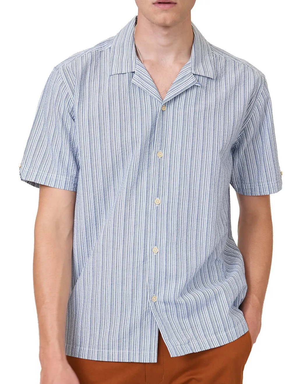 Short-Sleeve Seersucker Check Shirt - Mood Indigo sold by Ben Sherman