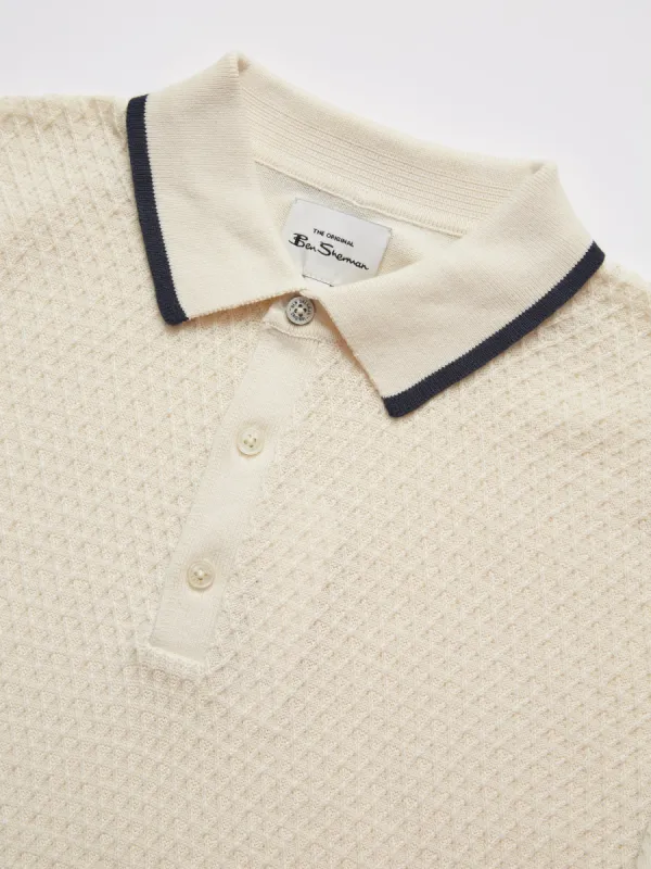 Textured Knit Contrast Tip Polo - Ivory sold by Ben Sherman