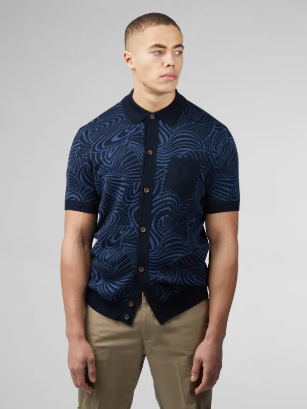 B by Ben Sherman Swirl Jacquard Button Through Polo - Dark Navy sold by Ben Sherman