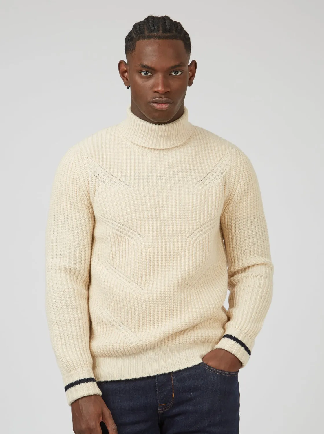 Chunky Roll-Neck Striped Sweater - Ivory sold by Ben Sherman