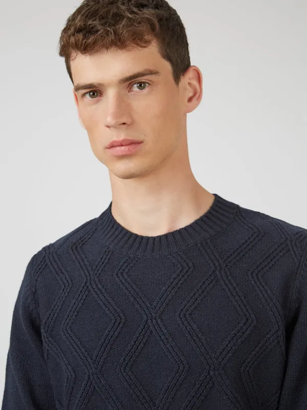 Chunky Cable-Knit Crewneck Sweater - Navy sold by Ben Sherman
