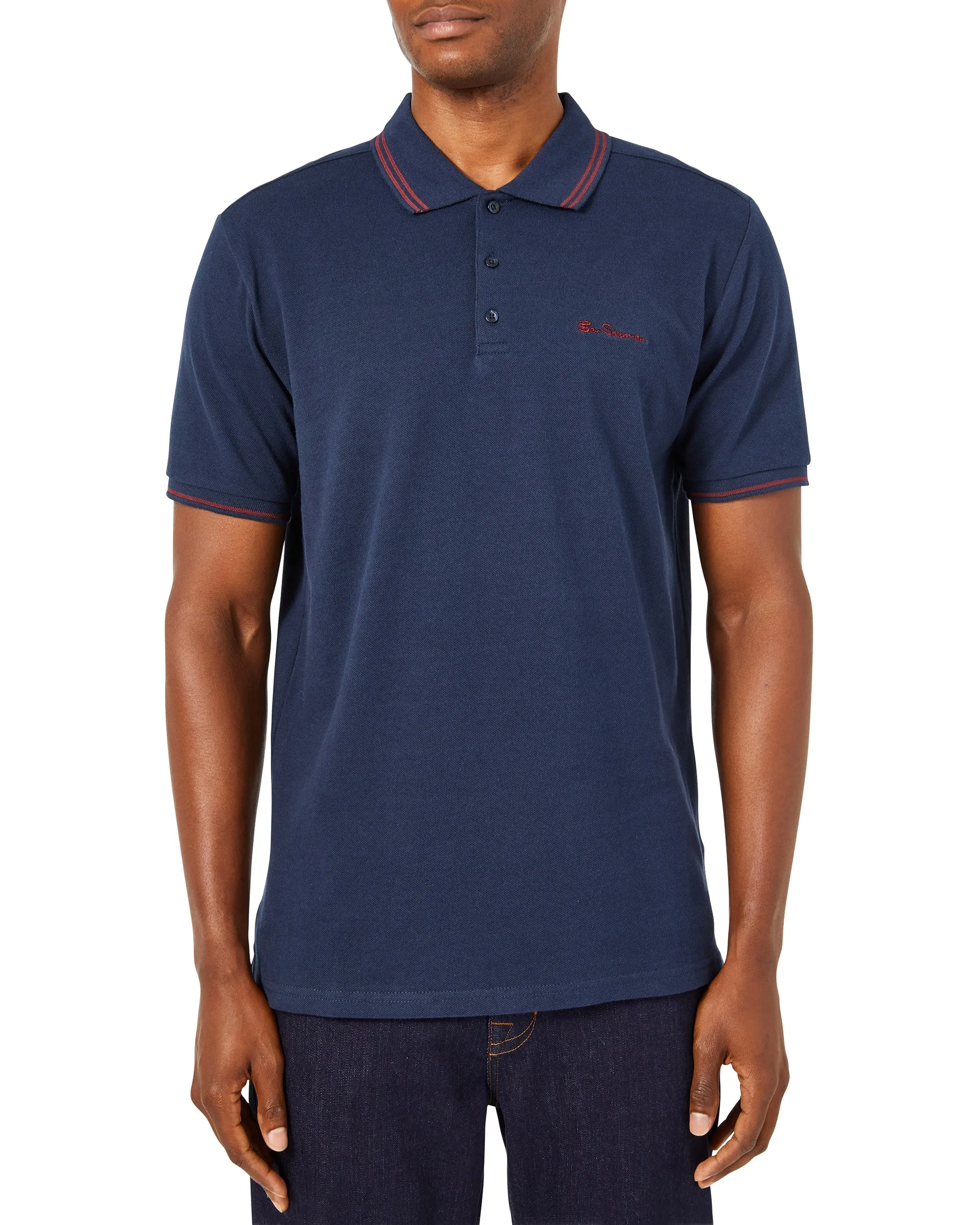 Script Tipped Pique Polo Shirt - Navy/Wine sold by Ben Sherman