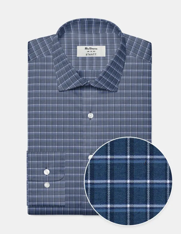 Custom Performance Shadow Plaid Herringbone Shirt - Navy sold by Ben Sherman