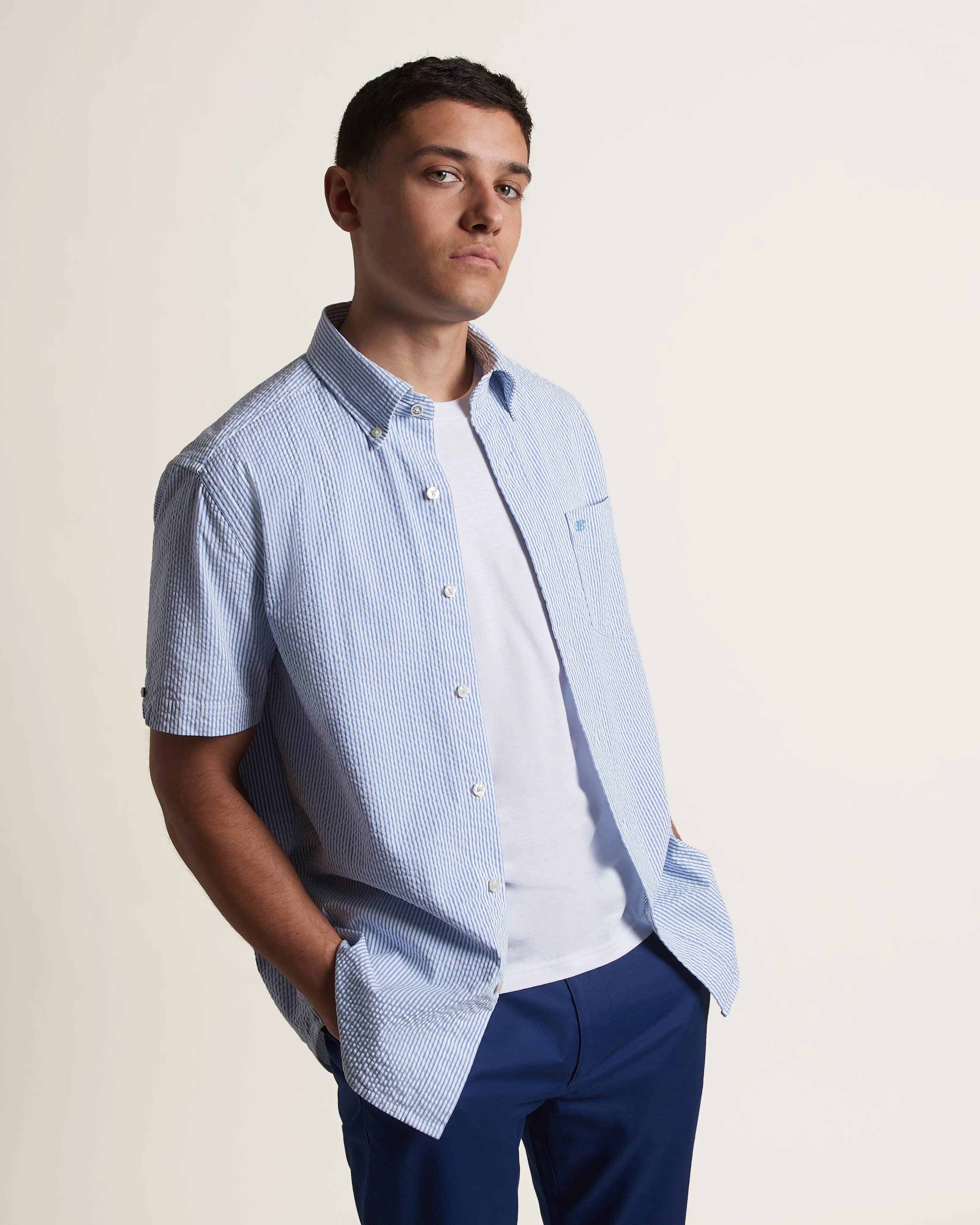 Seersucker Short Sleeve Bengal Stripe Shirt - Light Blue/Ecru sold by Ben Sherman product image thumbnail 2