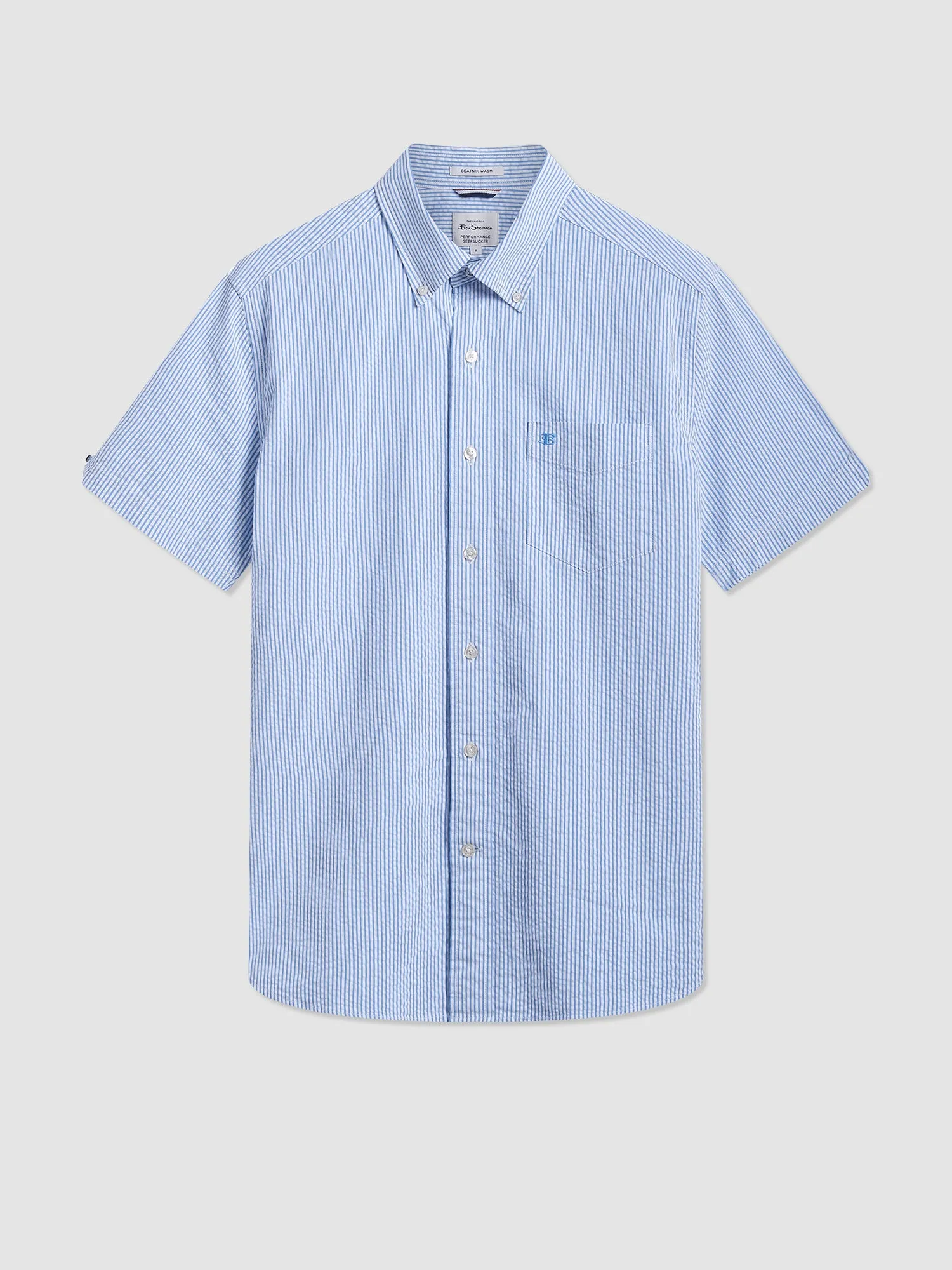 Seersucker Short Sleeve Bengal Stripe Shirt - Light Blue/Ecru sold by Ben Sherman
