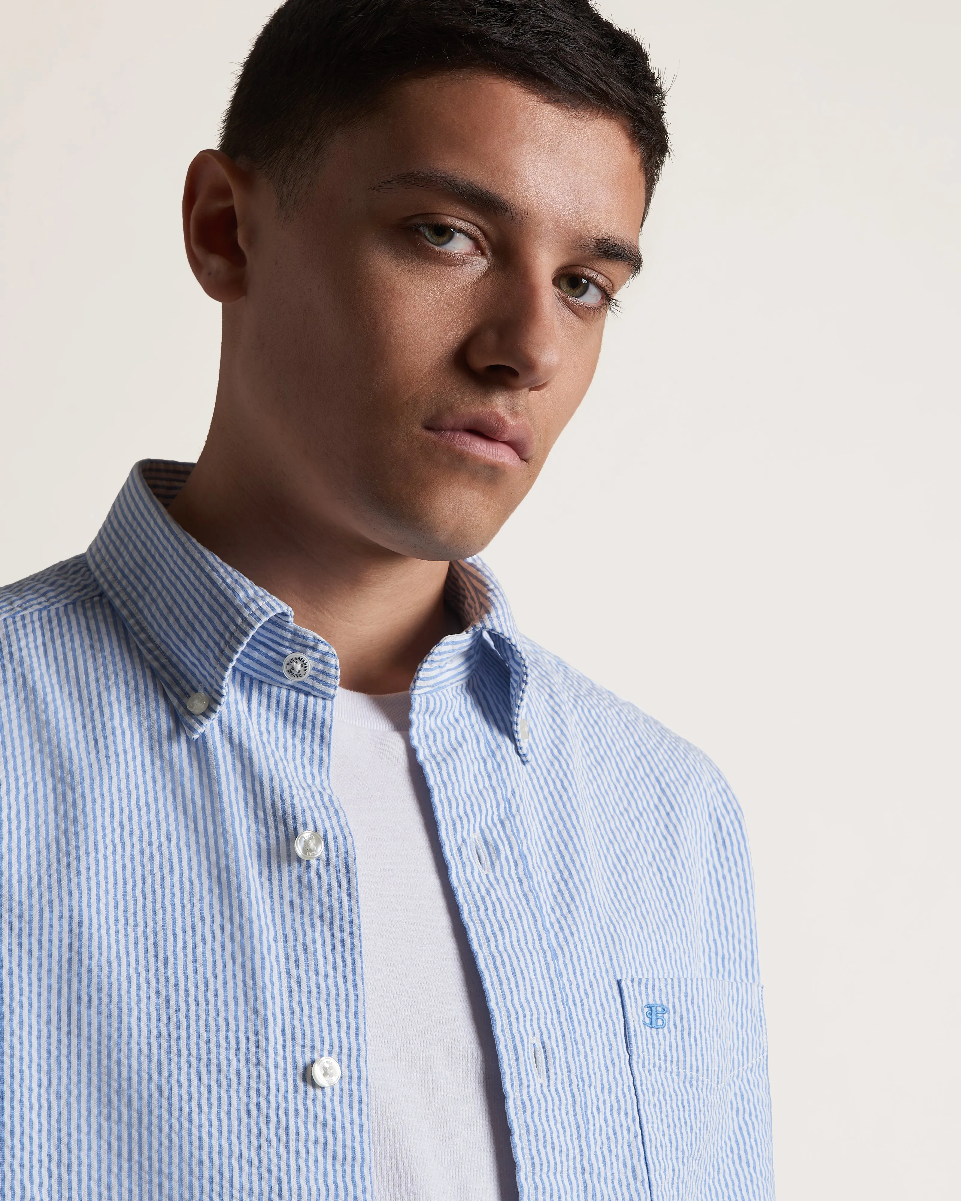 Seersucker Short Sleeve Bengal Stripe Shirt - Light Blue/Ecru sold by Ben Sherman product image thumbnail 3