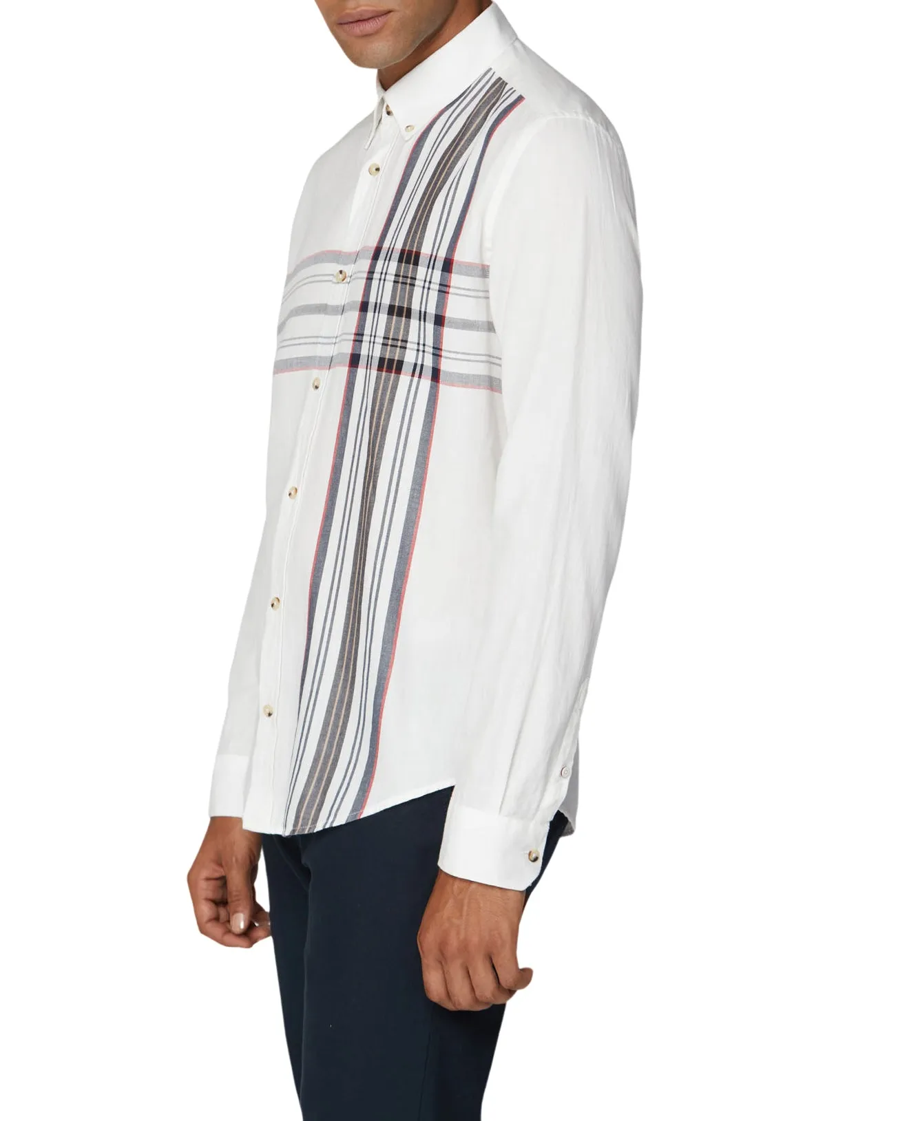 Long-Sleeve Placed Stripe Shirt - Off White sold by Ben Sherman