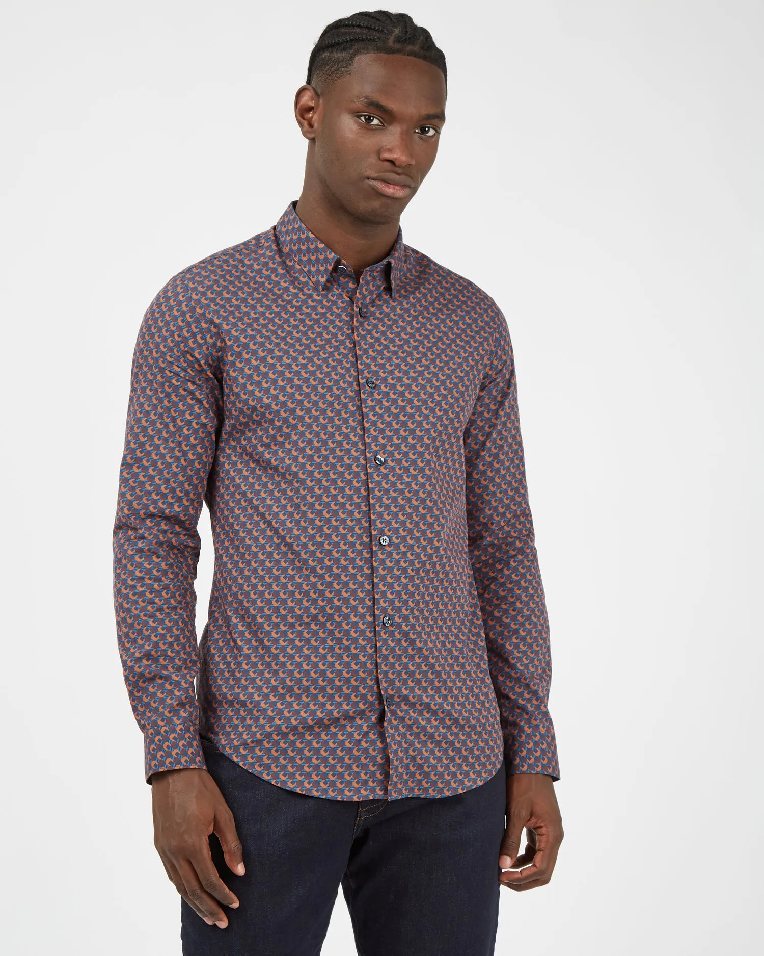 Long-Sleeve Retro '70s Geo-Print Shirt - Caramel sold by Ben Sherman