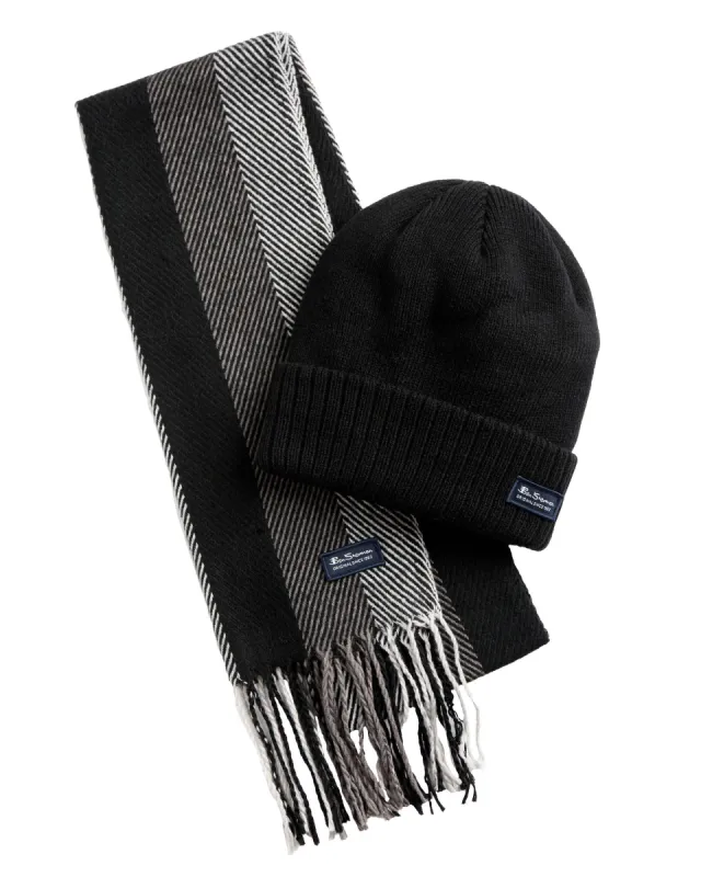 Men's Herringbone Stripe Scarf & Hat Set - True Black/Odyssey Grey sold by Ben Sherman
