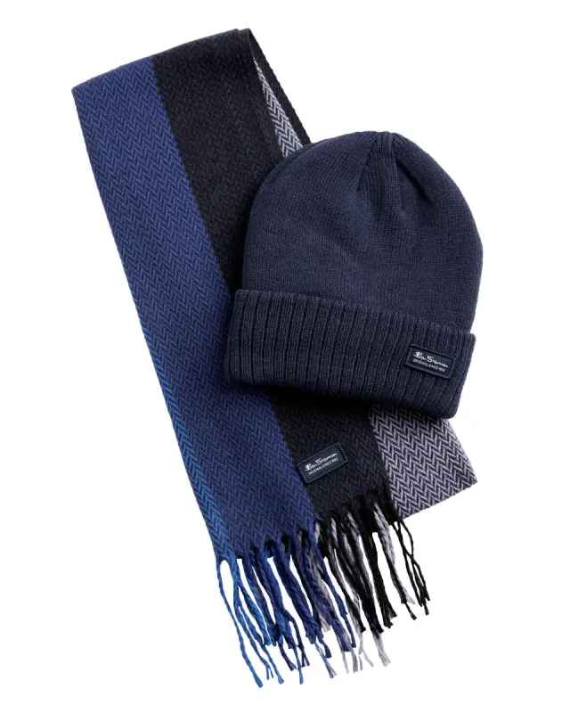 Men's Striped Herringbone Scarf & Hat Set - Silver Bullet/True Blue sold by Ben Sherman