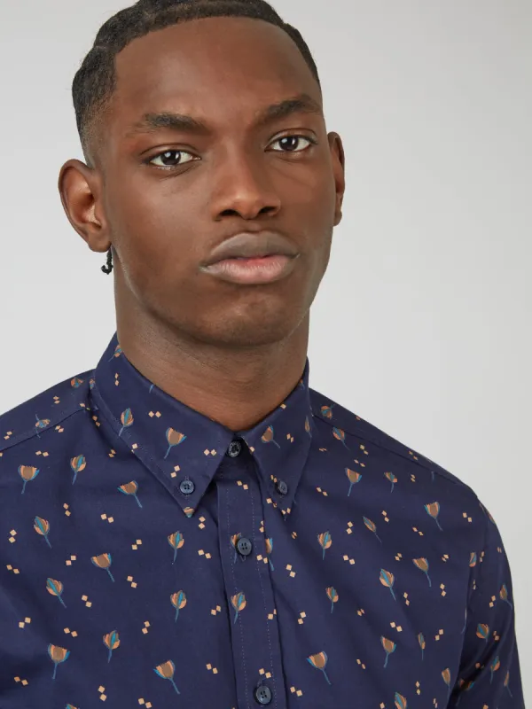 Scattered Floral Print Long-Sleeve Shirt - Marine sold by Ben Sherman